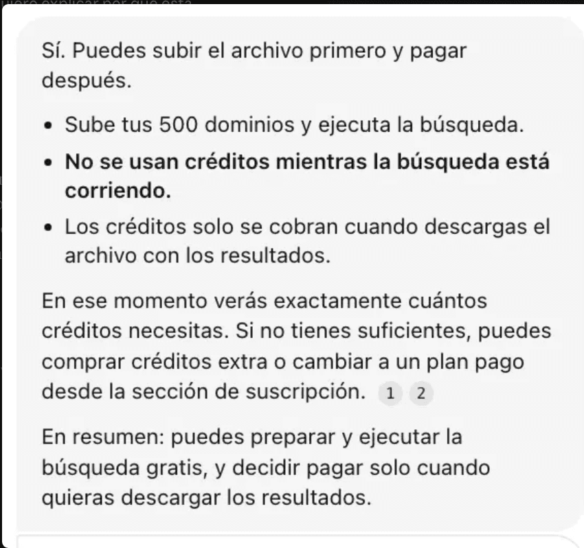 El bot responde que se puede ejecutar la búsqueda gratis y pagar recién al descargar los resultados