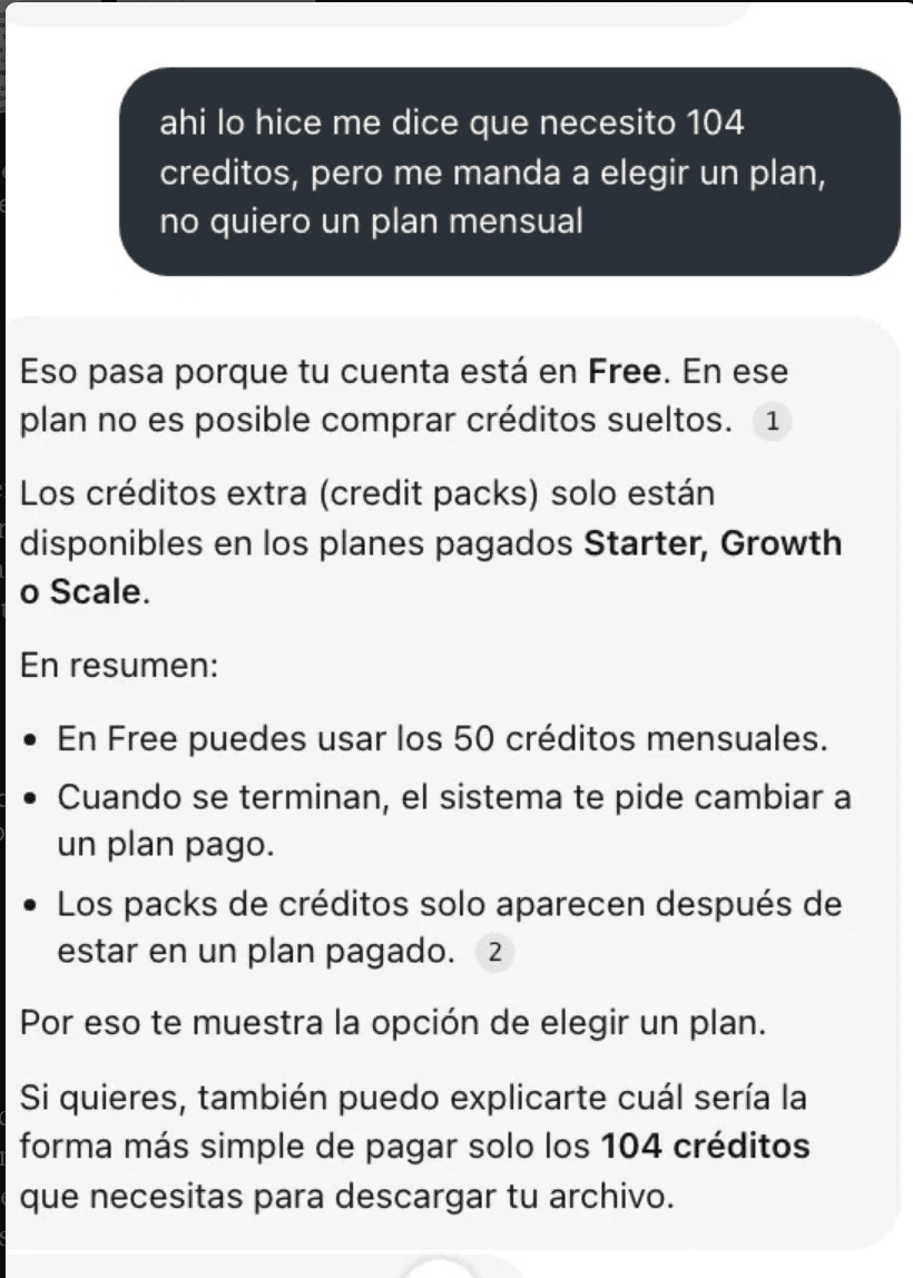 El usuario pregunta por qué le pide elegir un plan si solo quiere pagar 104 créditos, y el bot responde que el plan Free no permite comprar créditos sueltos