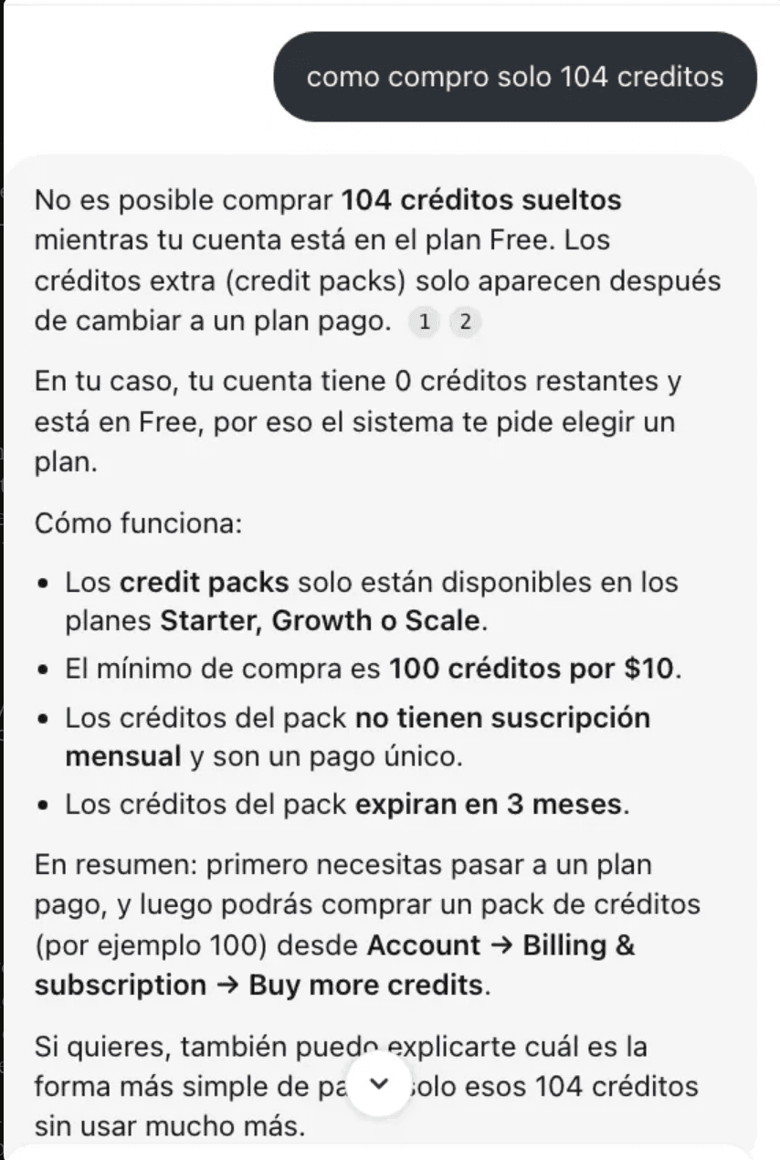 El bot explica cómo funcionan los credit packs y que primero hay que pasar a un plan pago para poder comprarlos